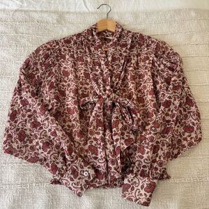 Floral Tie-Neck Blouse in Pink and Burgundy